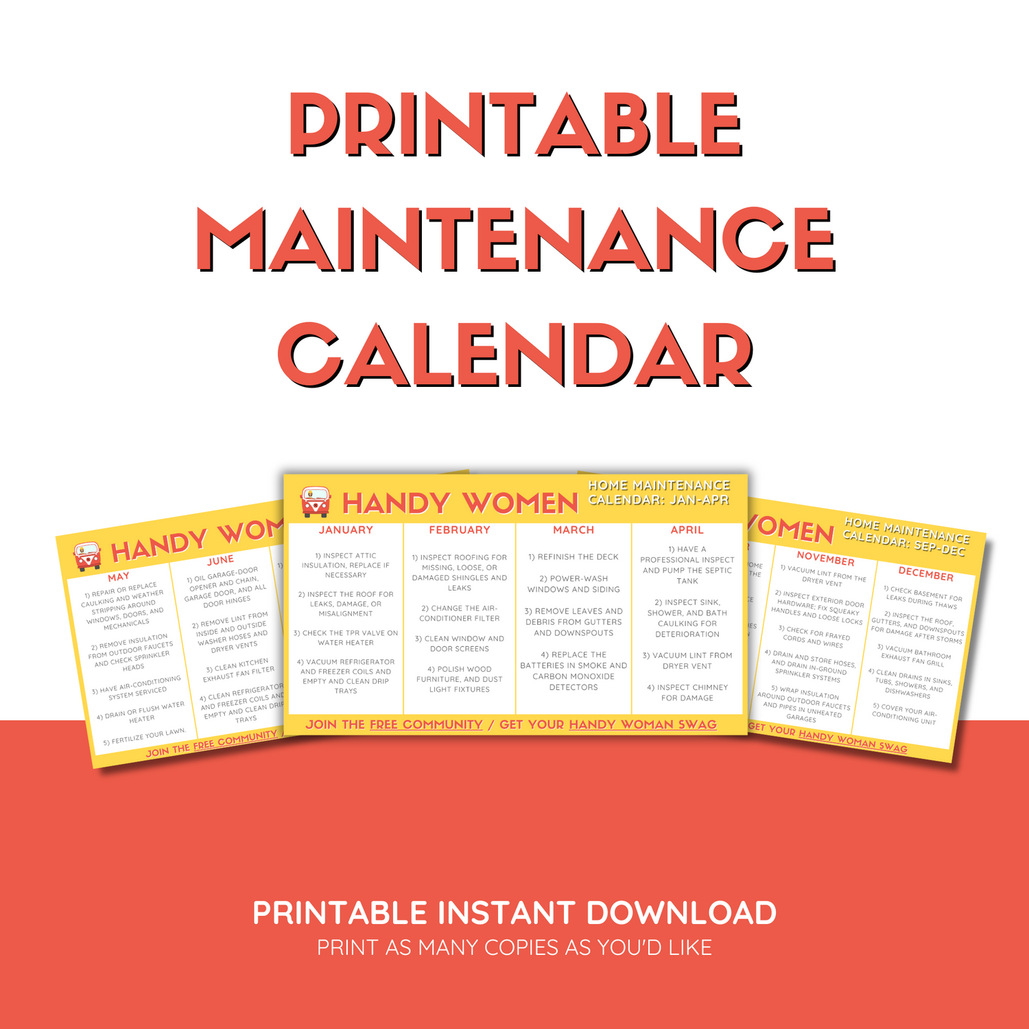 Handy Women Monthly Maintenance Calendar - DIGITAL DOWNLOAD